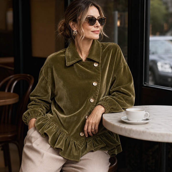 Olivgrön sammetstopp med peplum-silhuett och unik krage, sida