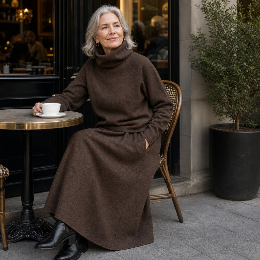 Minimalistiskt set för dam med lång kjol och tröja i vardagslook