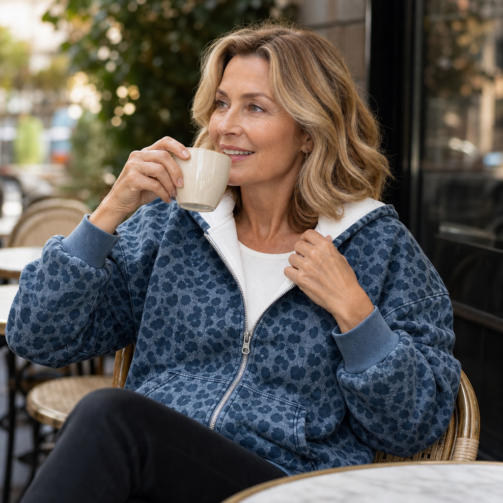 Närbild på mjukt tyg med leopardmönster på damhoodie