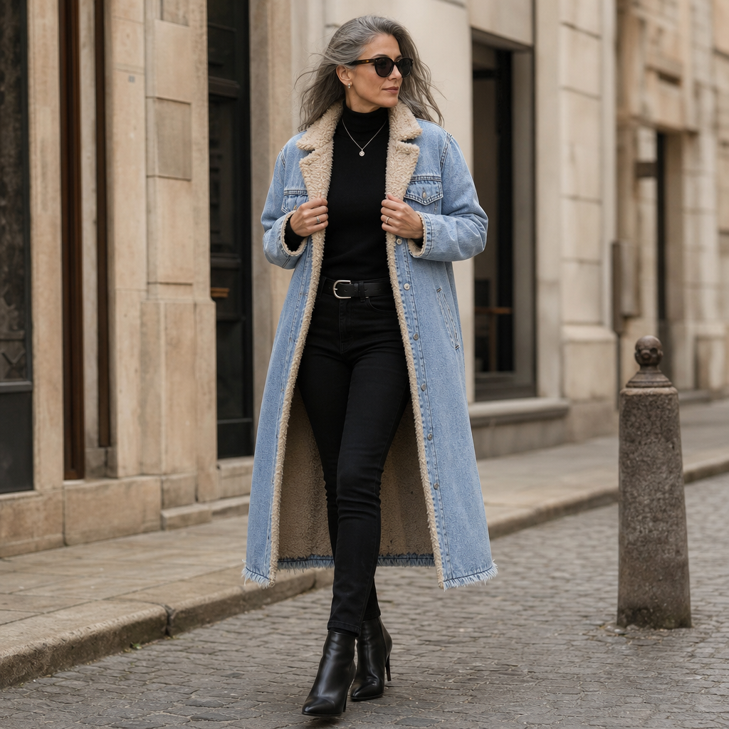 Vintervarm damkappa i denim med knäppning och krage