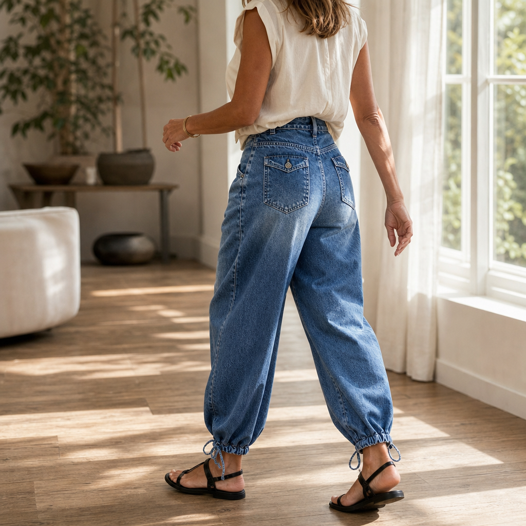 Baksida av blå jeans med hög midja och vida ben