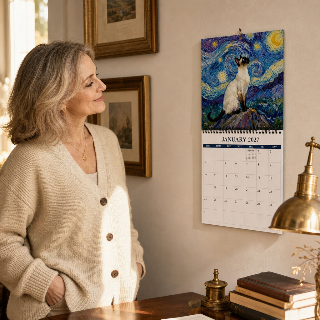 Väggkalender 2027 med katter i klassiska konstverk, hängande på vägg