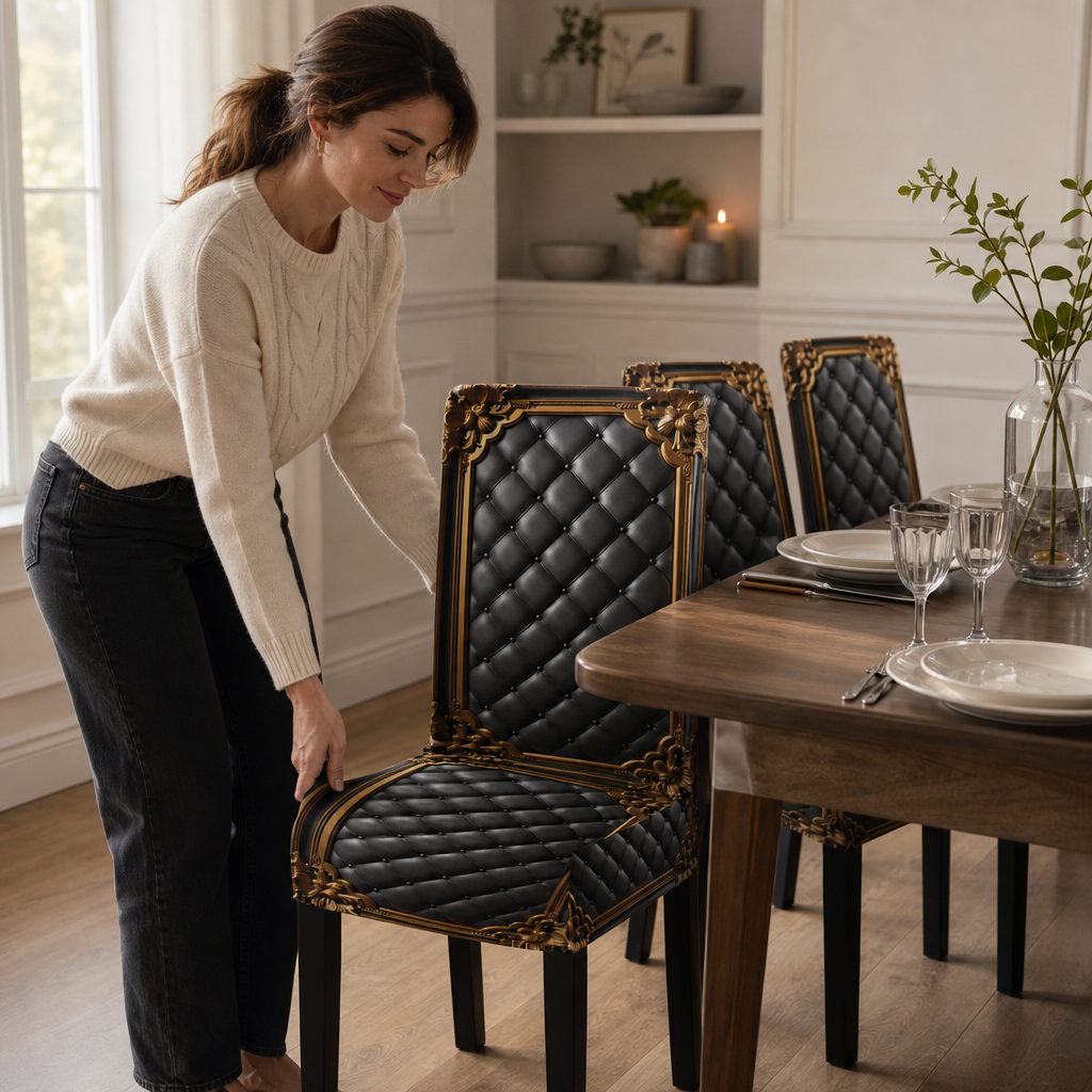 Närbild på det exklusiva guldbarockmönstret på ett elastiskt stolsöverdrag