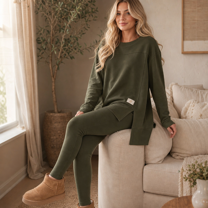 Vitt minimalistiskt damset med ledig topp och åtsittande långbyxor