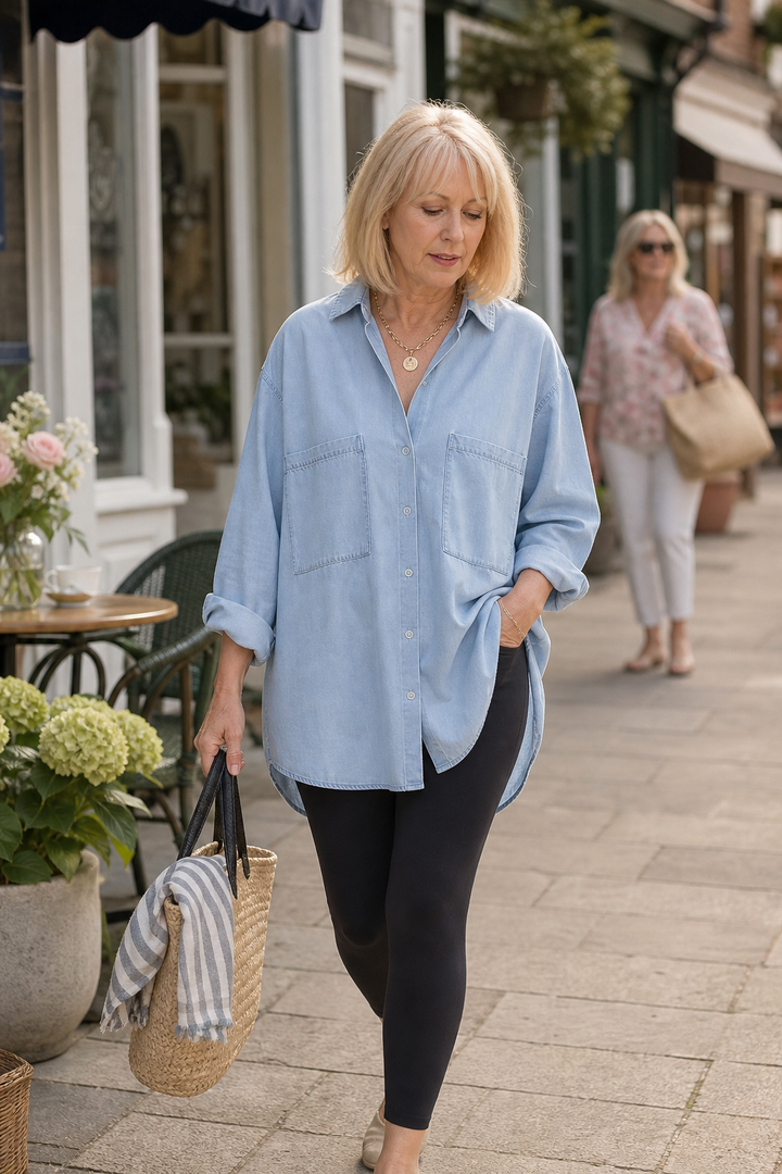 Långärmad blå topp i denim-look för kvinnor, framifrån