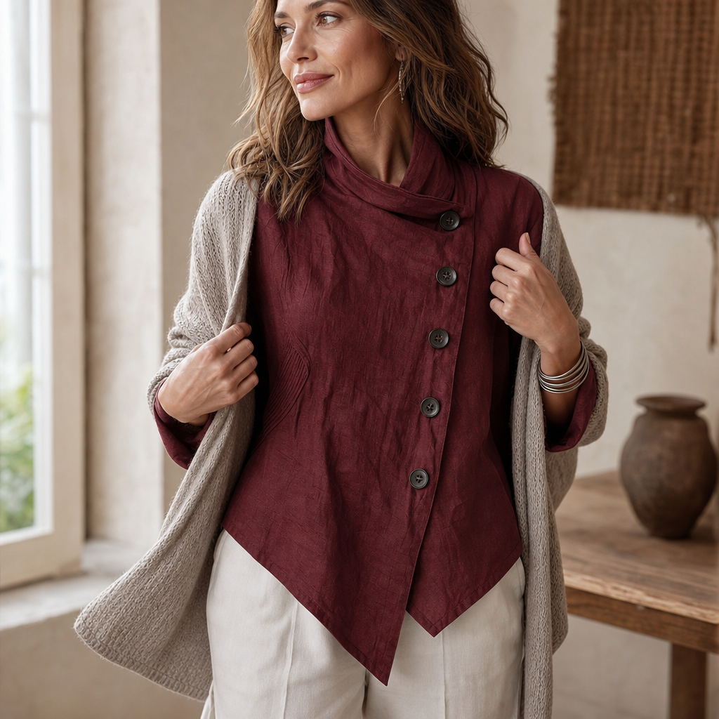Linvella damtopp i vardagsstil med långärmad design och asymmetrisk skärning i sv