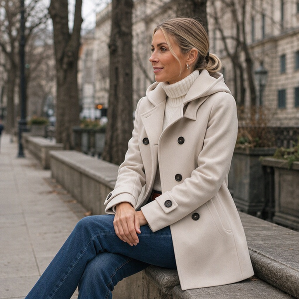 Beige hip-length kappa med dubbelknäppning bakifrån