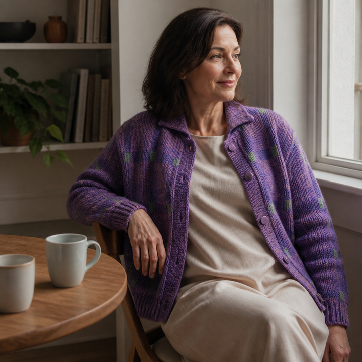 Snygg stickad cardigan för dam med klassiskt rrutmönster