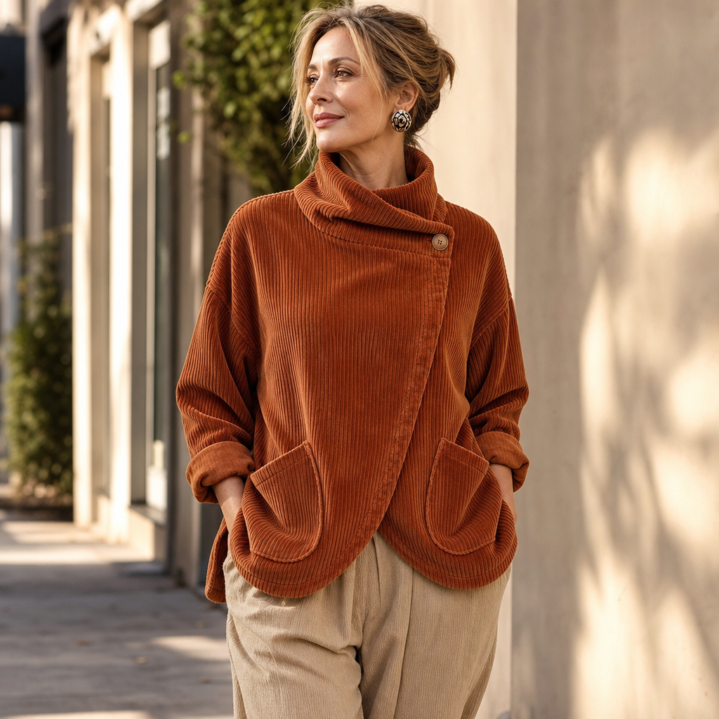 Närbild på den asymmetriska knappen och texturerade tyget på orange topp