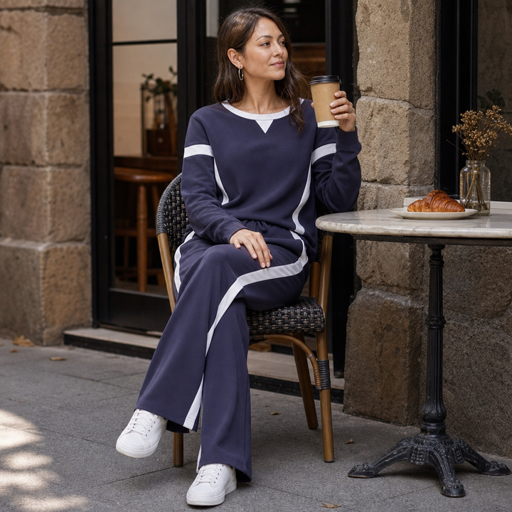 Beige loungewear set för damer med vida ben och kontrastband