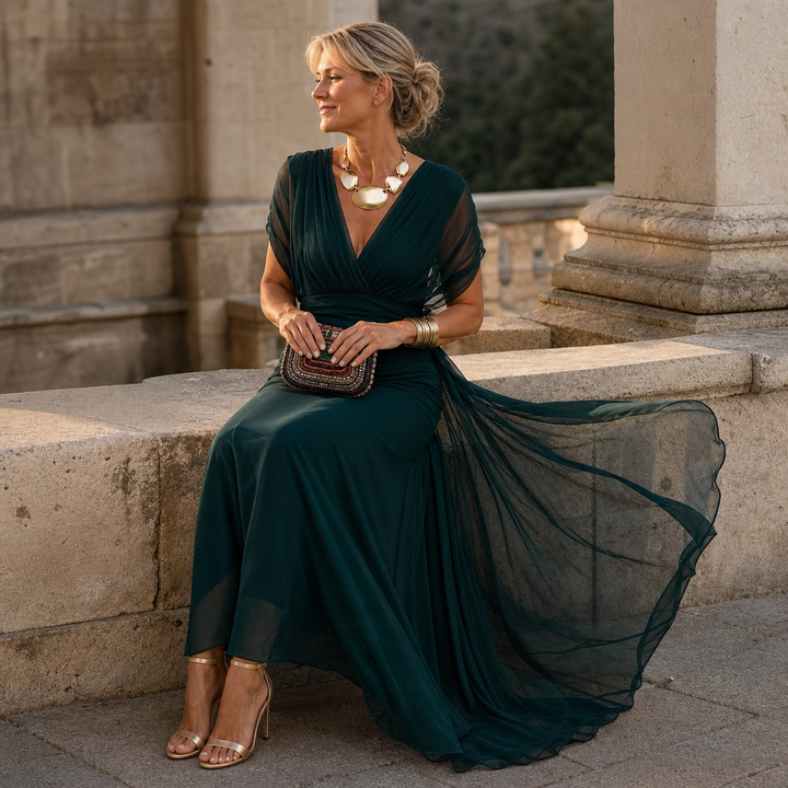 Lång aftonklänning med off-shoulder ärmar och feminin passform