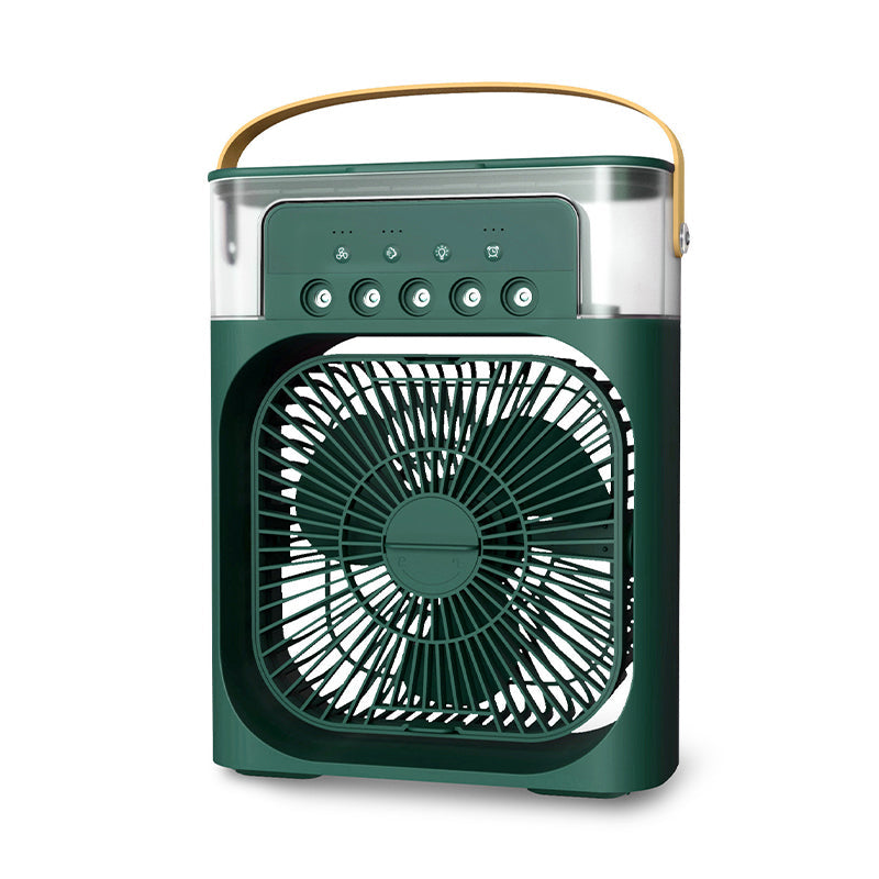 Närbild på kontrollpanelen för 3-i-1 luftkylaren som visar vindhastighetsinställningar och timer.