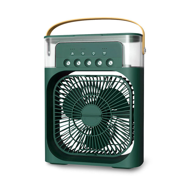 Närbild på kontrollpanelen för 3-i-1 luftkylaren som visar vindhastighetsinställningar och timer.