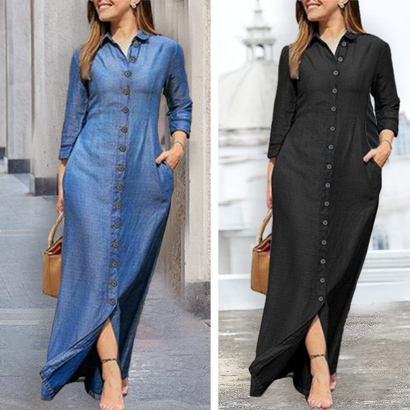 "Ljusblå denimklänning för kvinnor med knappdetalj, elegant och avslappnad design för vardag och tillfällen."