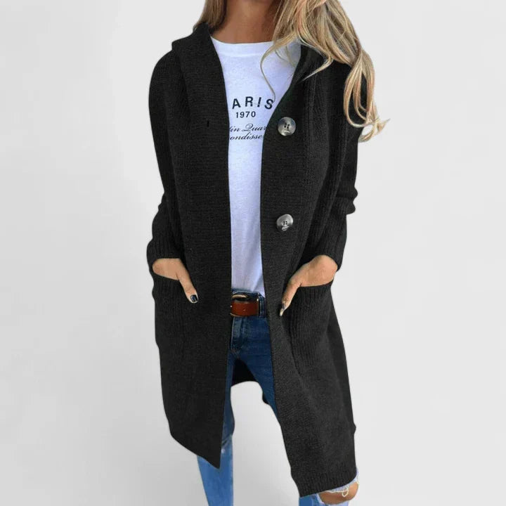 Svart dam cardigan med huva och knäppning framtill