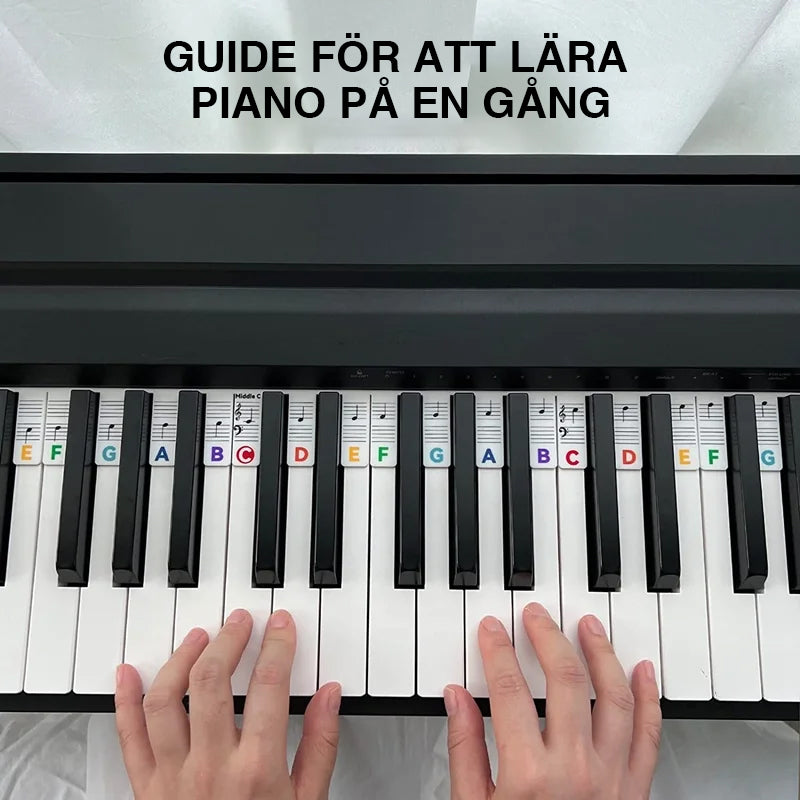 "Löstagbara färgglada notetiketter på pianotangenter, hjälper pianolärande med tydliga noter och dubbel notstav."