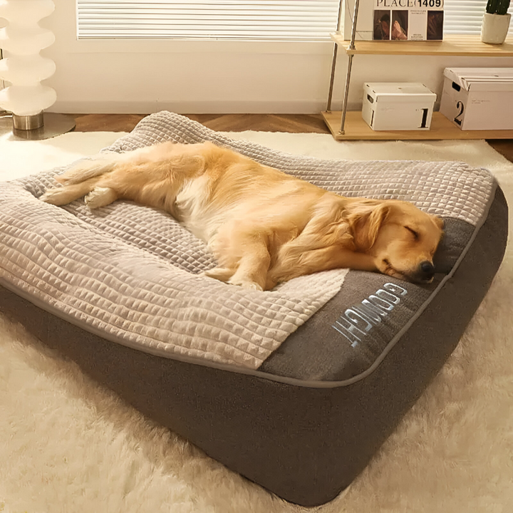 Lugnande hundbädd i grått för djup komfort. Mjuk anti-stress husdjursbädd för en avslappnad sömn.