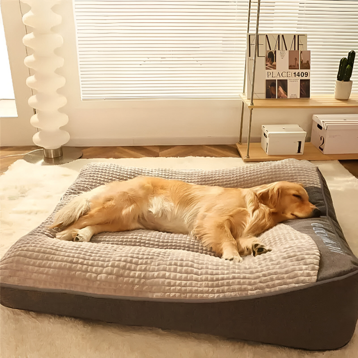 Mysig lugnande hundbädd i grått, perfekt för stor hund eller mellanstor hund. Optimalt stöd.