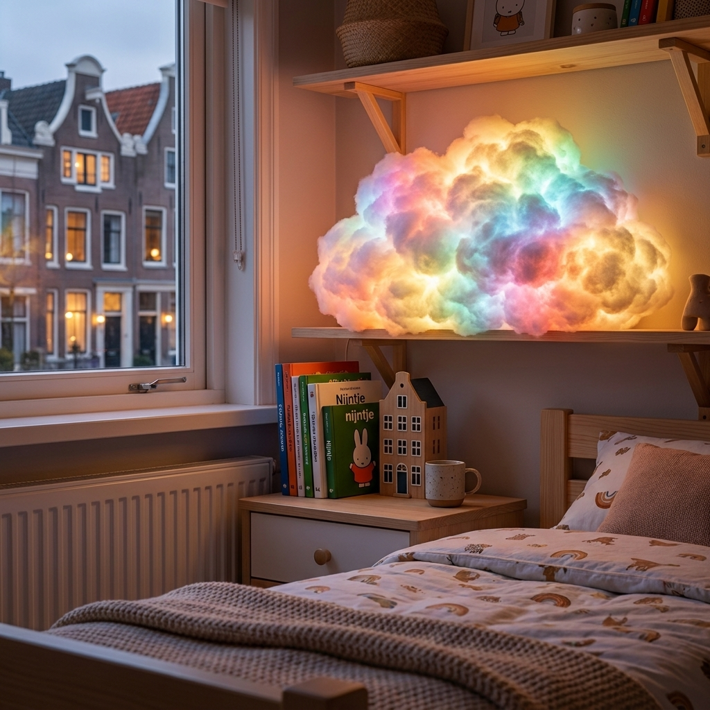 Lysande molnbordslampa placerad på en hylla i ett mysigt barnrum