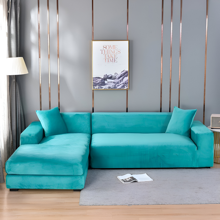 Modern svart stretch sofföverdrag, skyddar och förskönar din möbel med stil och komfort.
