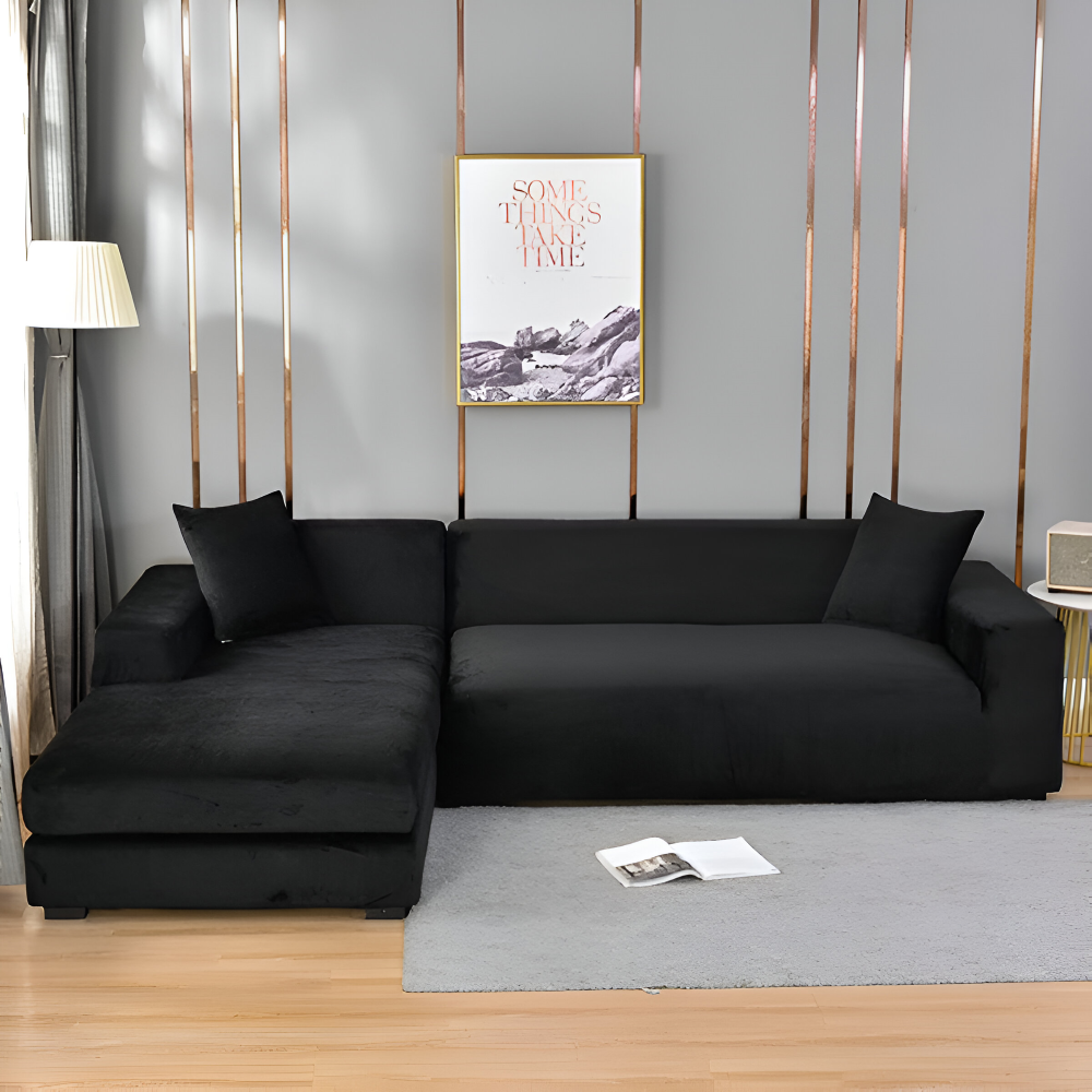 Levande blått stretch sofföverdrag i polyester, optimalt skydd mot fläckar och slitage.