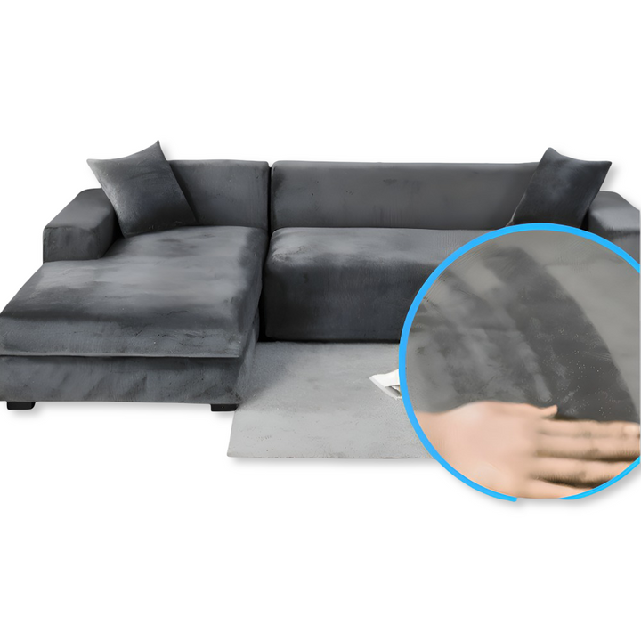 Varmt brunt stretch soffskydd, mjukt och elastiskt för komfort och effektivt möbelskydd.