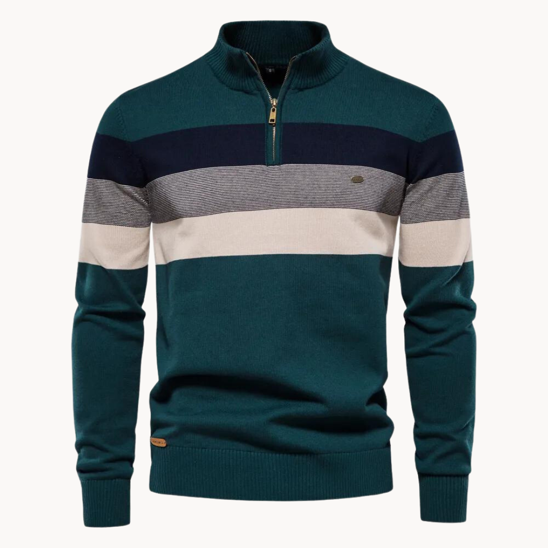 Herrtröja Toby med halvdragkedja – randig, stickad och mångsidig stil. En långärmad pullover.