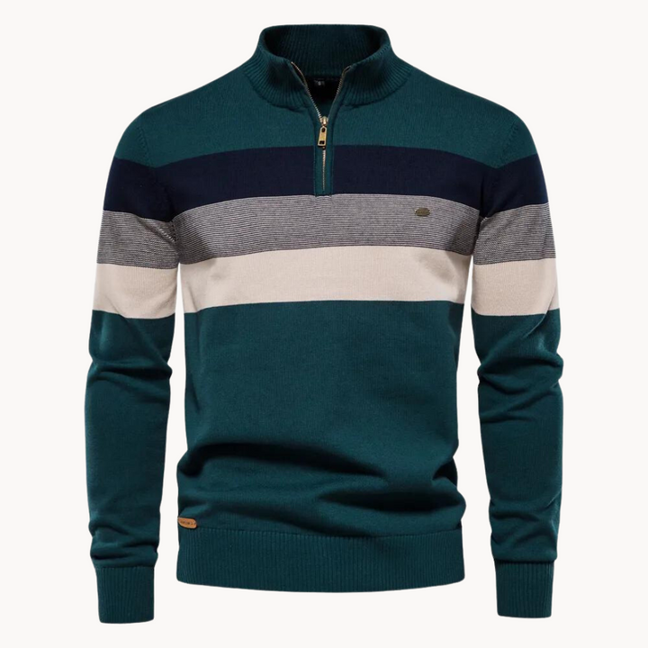 Herrtröja Toby med halvdragkedja – randig, stickad och mångsidig stil. En långärmad pullover.