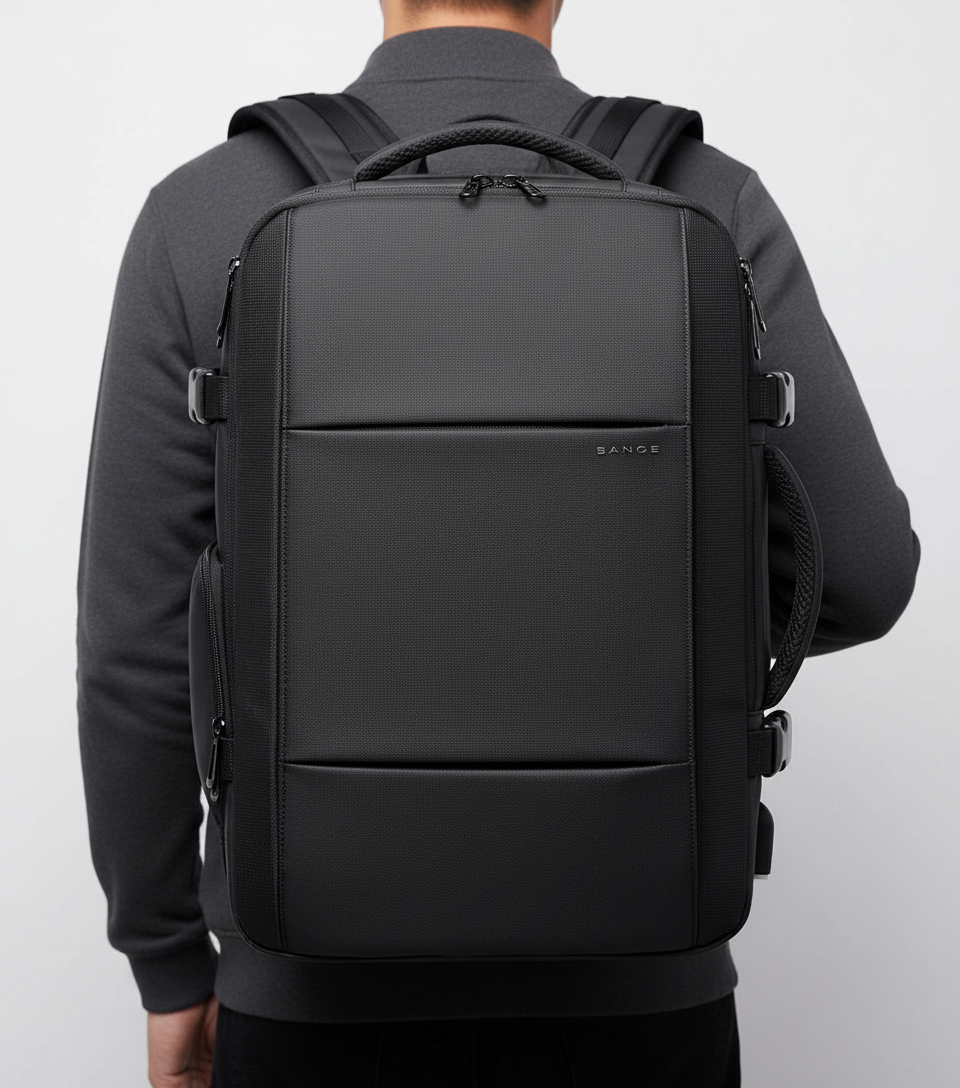 Unisex MultiUse ryggsäck buren av en person, visar ergonomi och stil för både män och kvinnor.