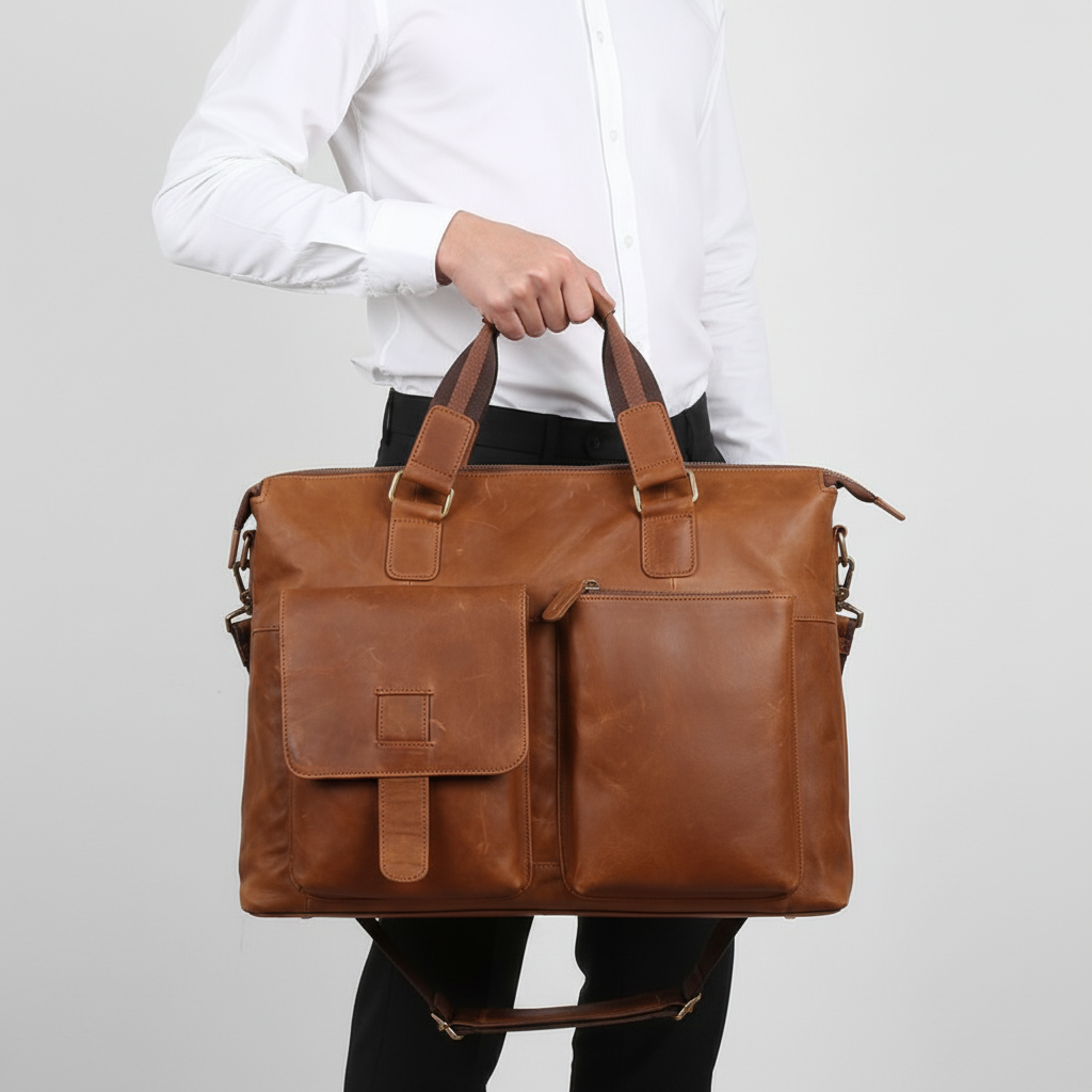 Närbild på vintage läderportfölj, visar äkta läder, robusta spännen och tidlös design för dokument & laptop.