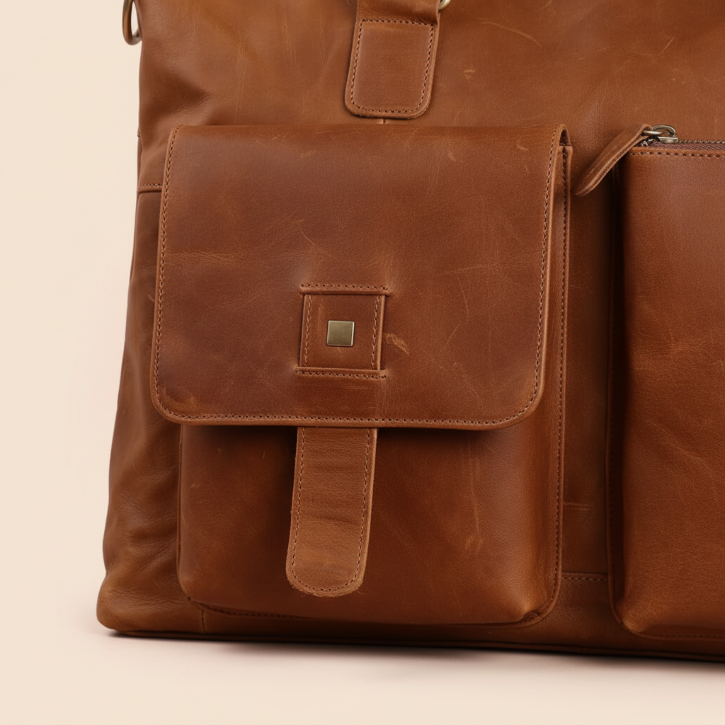 Unisex vintage läderportfölj med laptopfack. Idealisk axelväska för arbetsresor, kontor och dokumentförvaring.