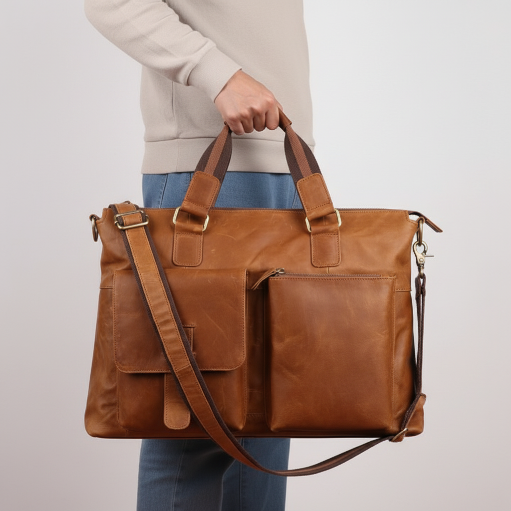 Invändigt i vintage läderportfölj, med rymligt laptopfack och organiserade utrymmen för dokument och tillbehör.