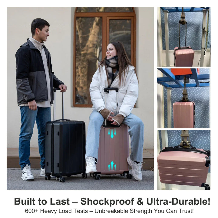 Rosa resväska ur 5-i-1 setet, hårdskal med TSA-lås och smidiga spinnerhjul. Perfekt handbagage.