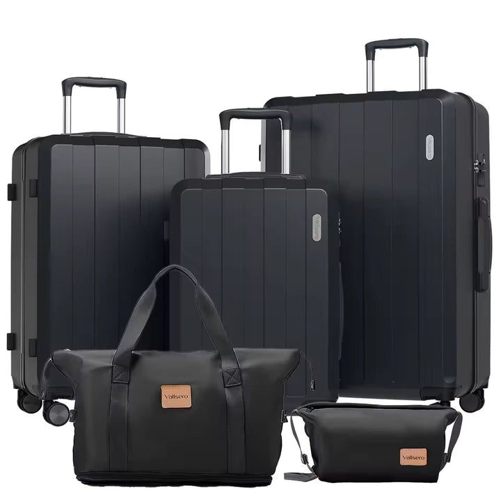 Samling av 5-i-1 resväskset hårdskal i olika storlekar. Inkluderar handbagage och bagage med säkert TSA-lås.