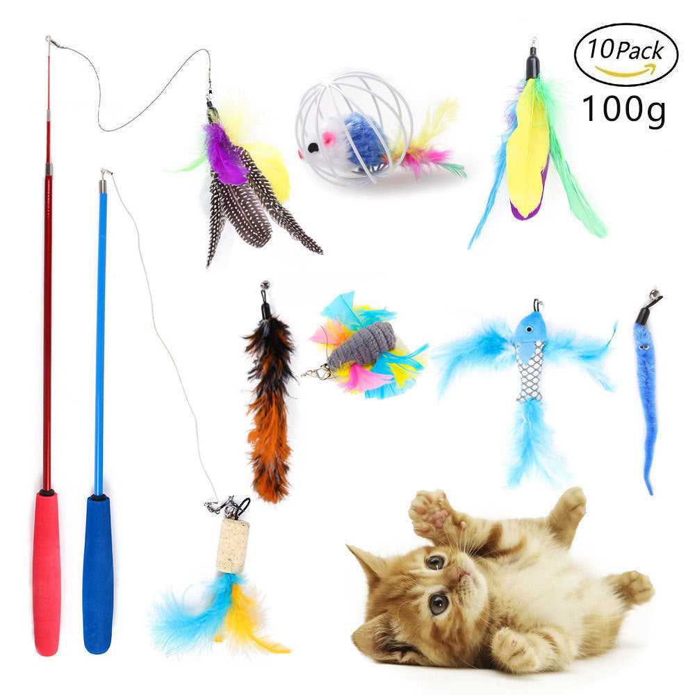 Snyggt arrangerat kattset med olika leksaker redo för lek & träning.
