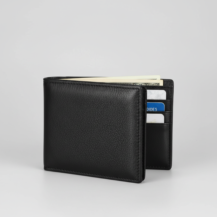 Elegant svart läderplånbok för män med RFID-skydd och praktiska kortfack.
