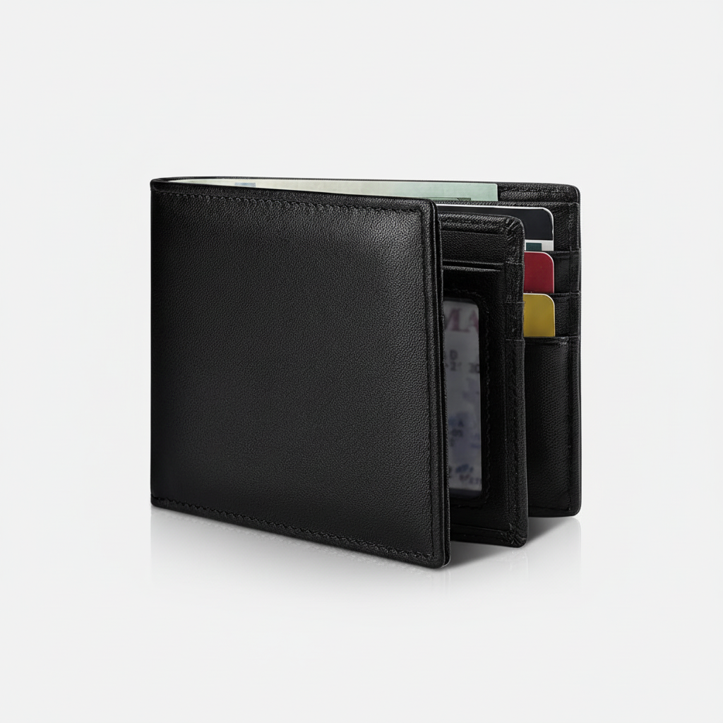 Svart elegant herrplånbok i äkta läder med RFID-skydd, en perfekt presentidé.