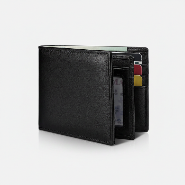 Svart elegant herrplånbok i äkta läder med RFID-skydd, en perfekt presentidé.