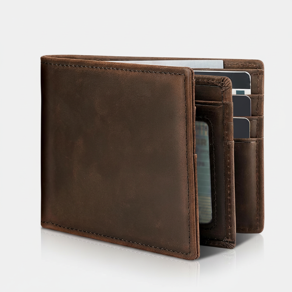 Läderplånbok för män med RFID-skydd, slimmad design och elegant finish.