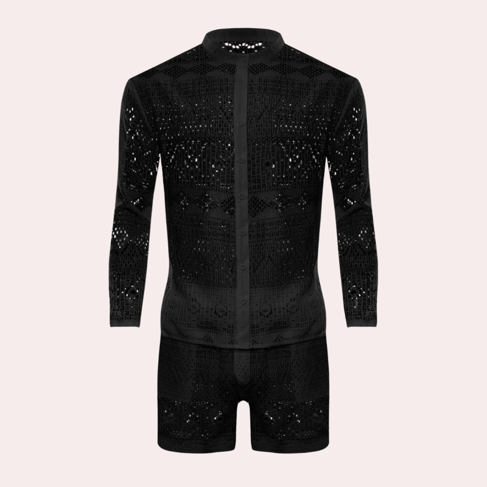 Himmelsblått herr sommarset med kortärmad skjorta & shorts. Elegant casual för varma sommardagar.