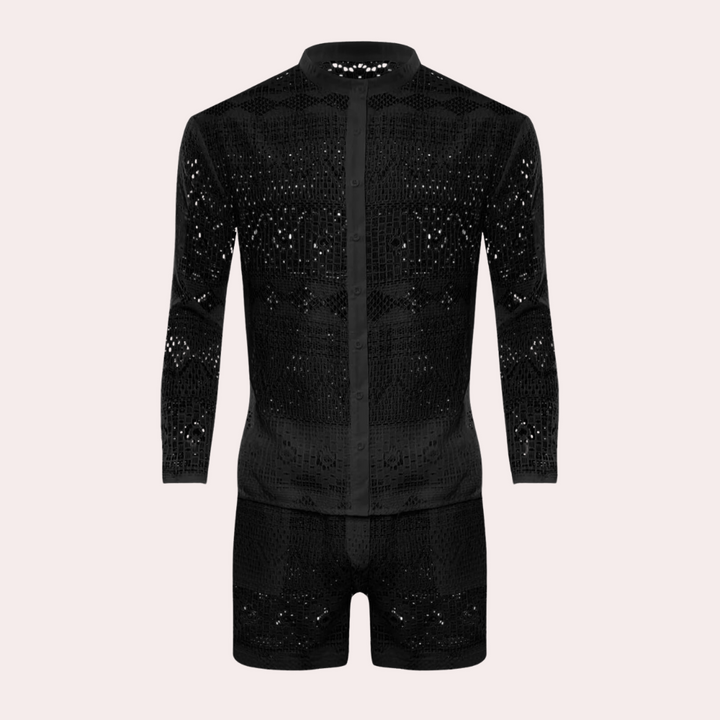 Himmelsblått herr sommarset med kortärmad skjorta & shorts. Elegant casual för varma sommardagar.