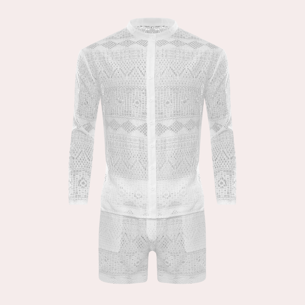 Gult herr sommarset med luftig skjorta och matchande shorts. Perfekt för bekväma casual dagar och resor.