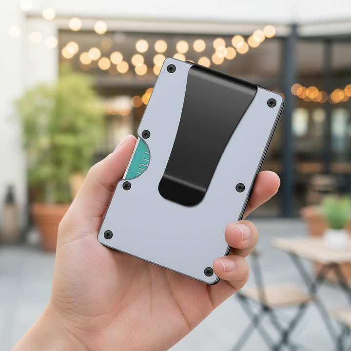 Mäns ultratunna RFID-plånbok SlimWallet i svart minimalistisk design för kort och sedlar.