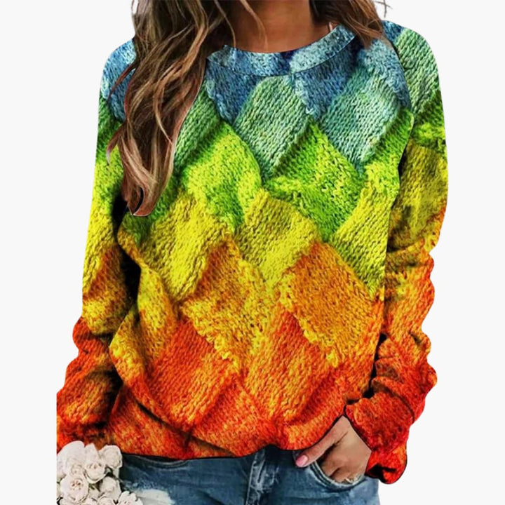 Bekväm mönstrad dam-pullover med långa ärmar. Stickad tröja i elegant stil, ett måste bland kvinnokläder.