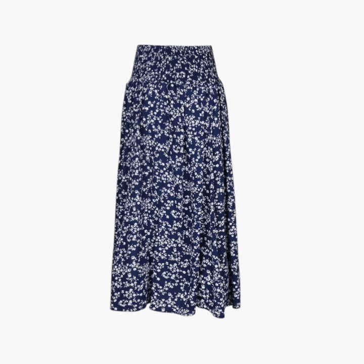 Elegant blommig damskjol med hög midja och sidoflik. Lång mörkblå A-linje sommar maxikjol för kvinnor.