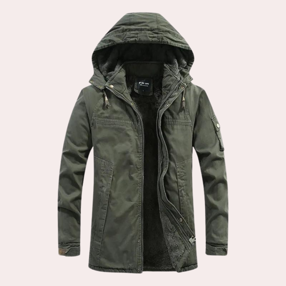 Mörkblå herr vinterjacka med fodring och värmande huva, perfekt för kallt väder. Stilren och funktionell parkas.