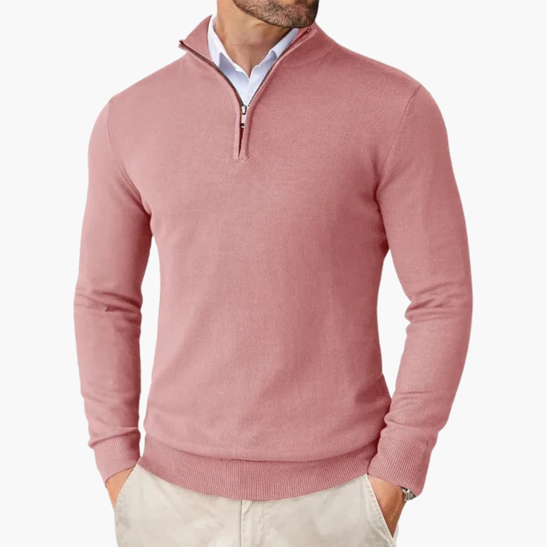 Bekväm stickad pullover för herr, ribbad design med kvartslång dragkedja för en stilren look.