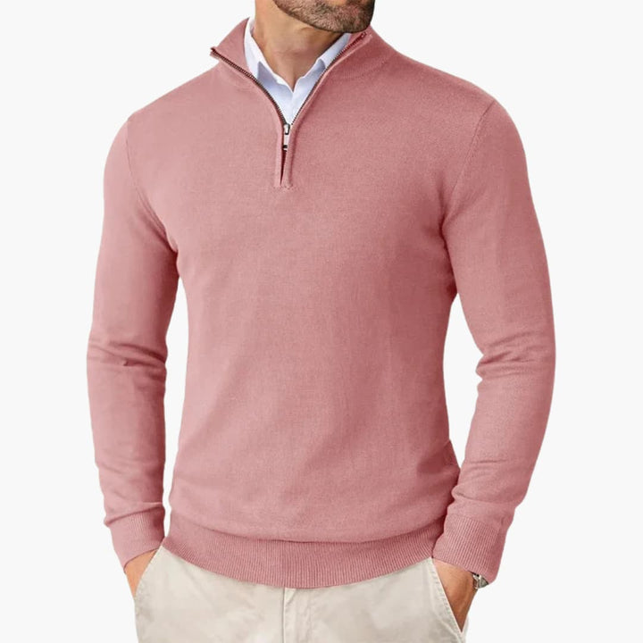 Bekväm stickad pullover för herr, ribbad design med kvartslång dragkedja för en stilren look.