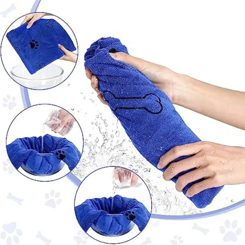 Mörkblå, superabsorberande handduk för valpar, hundar & katter. Snabbtorkande mikrofiber.