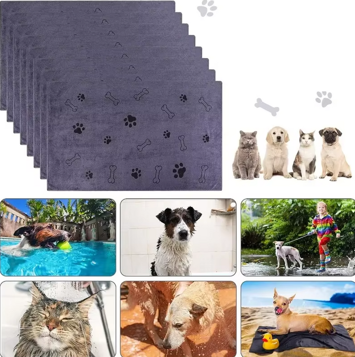 Grå & mörkblå mikrofiber hundhanddukar. Snabbtorkande & superabsorberande för ren husdjursvård.